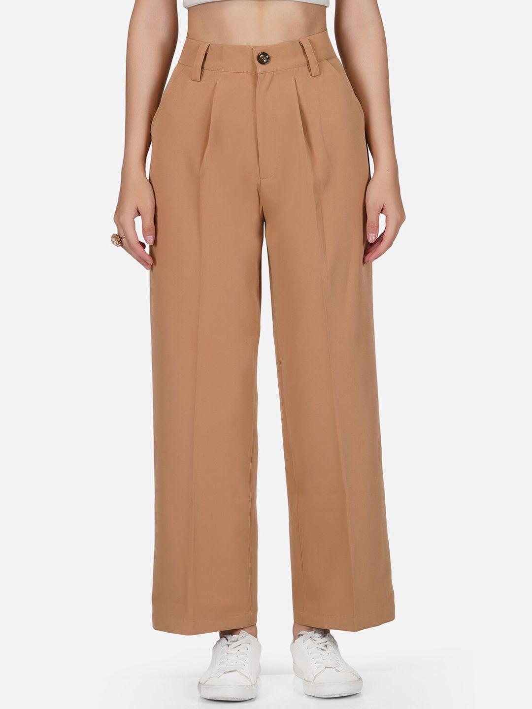tinted women brown relaxed loose fit high-rise pleated parallel trousers