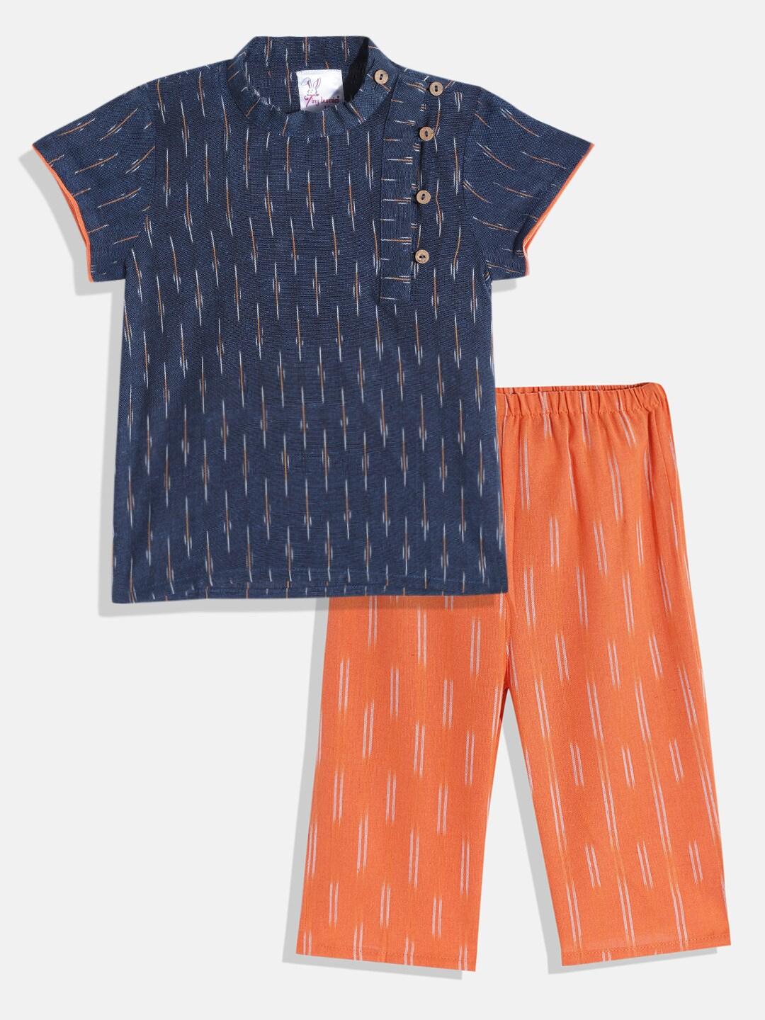tiny bunnies boys orange & navy blue self design pure cotton shirt with trousers