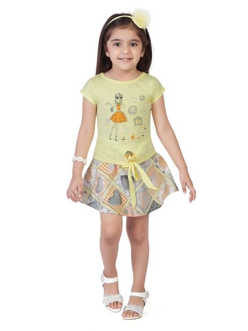 tiny girl lemon yellow printed top with skirt