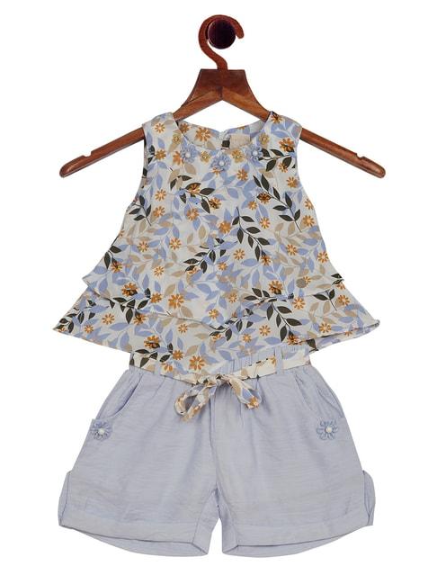 tiny girl white and sky blue printed top with shorts