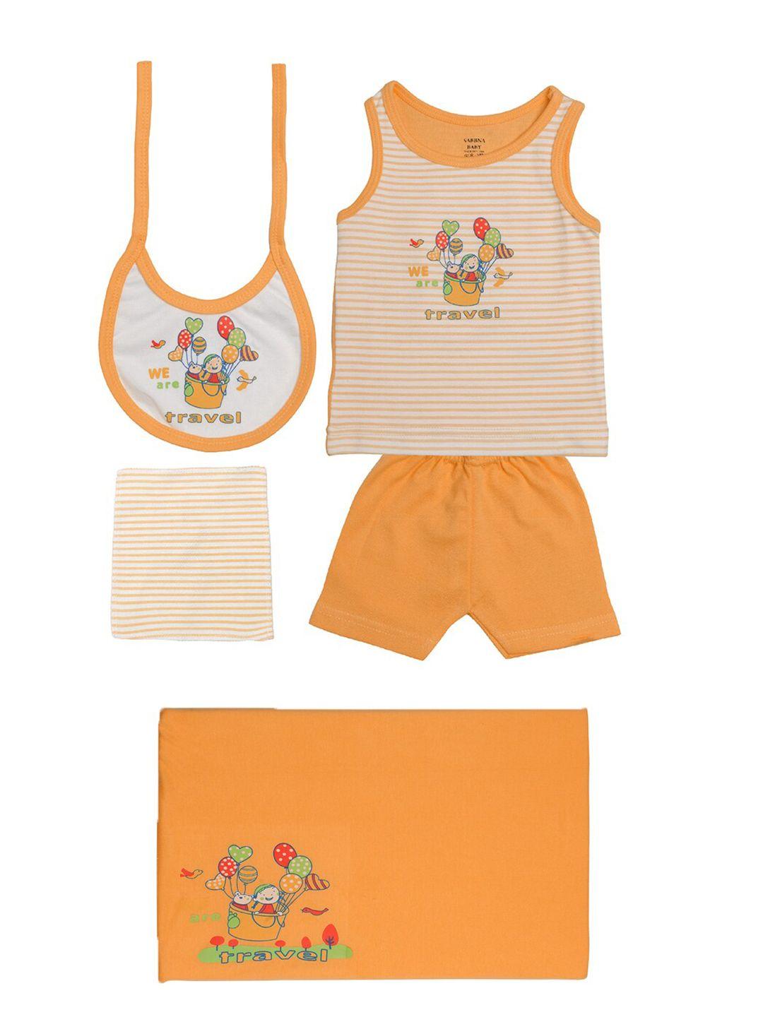tiny hug boys 5 pcs peach-coloured & orange pure cotton clothing set
