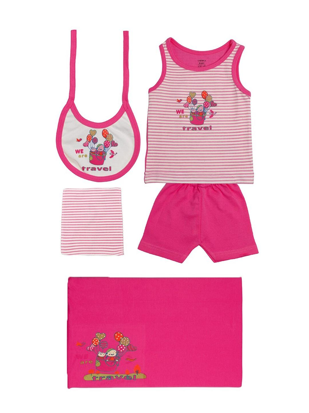 tiny hug infant boys pink & white printed pure cotton top with shorts clothing set