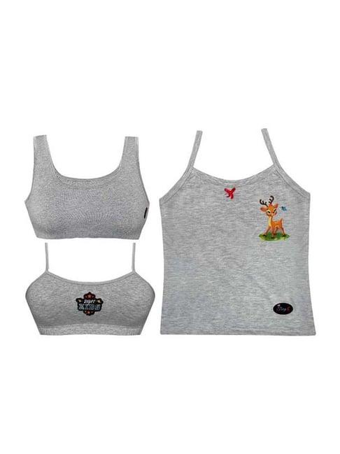 tiny bugs kids grey cotton bras & camisole - pack of 3