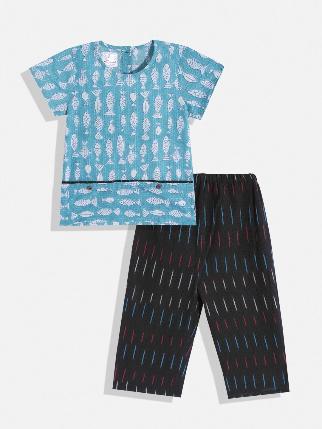 tiny bunnies boys blue & black printed pure cotton t-shirt with trousers