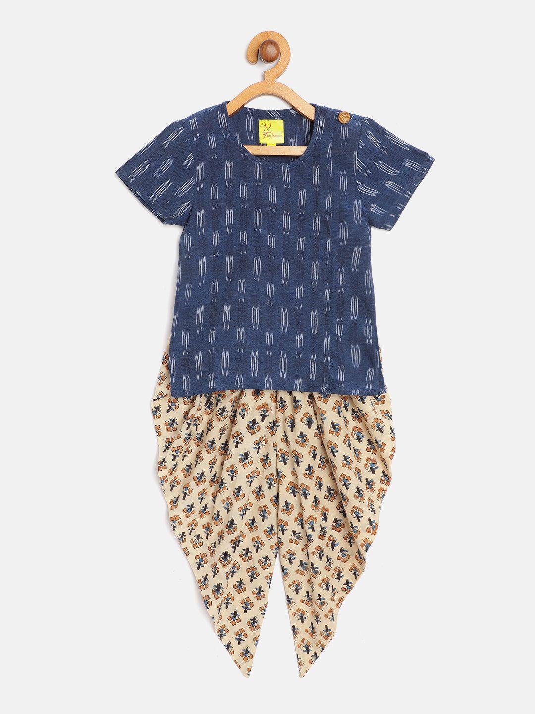 tiny bunnies kids navy blue & beige patterned cotton short kurta with dhoti pants