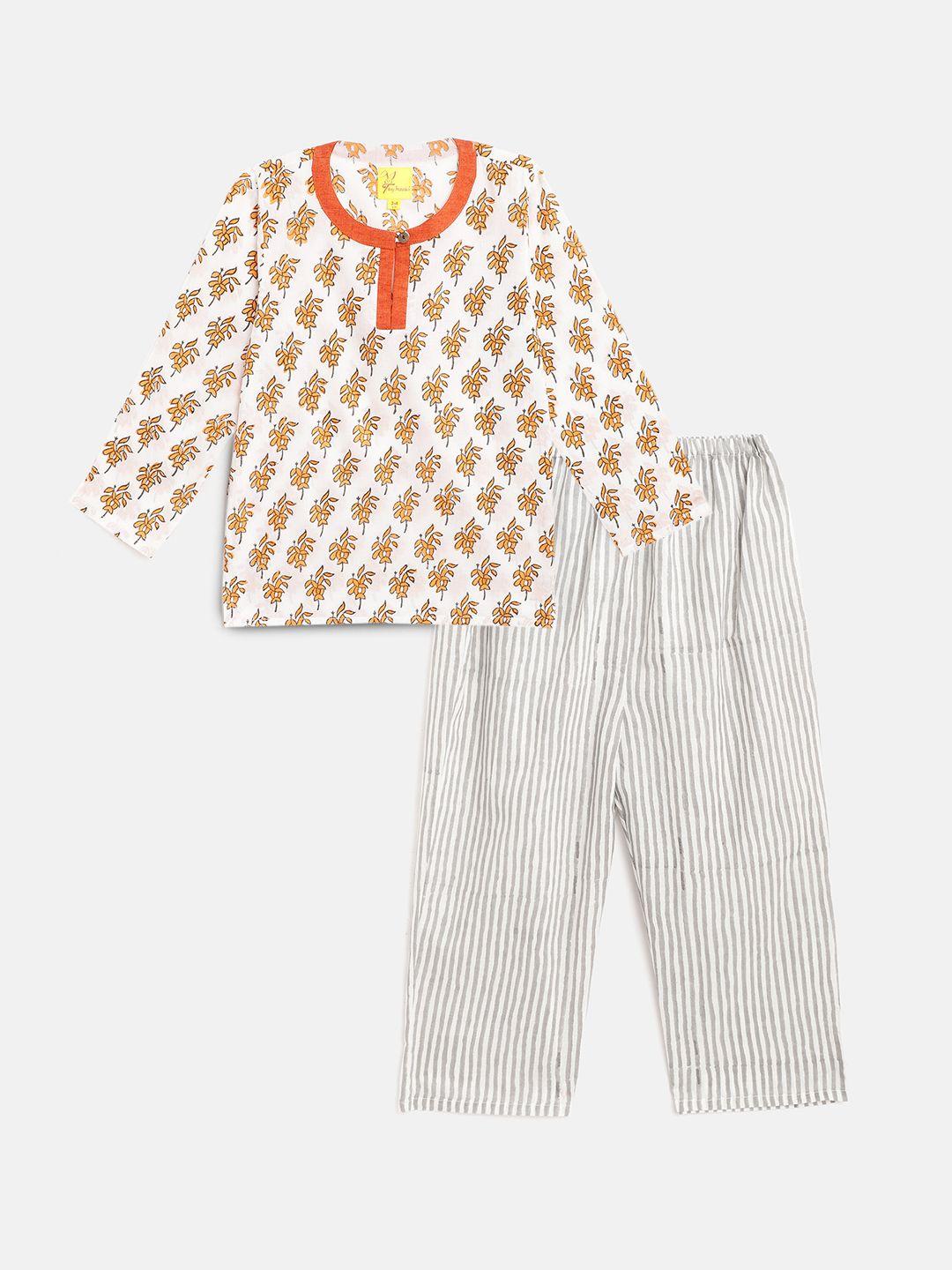 tiny bunnies kids orange & grey printed pure cotton top with pyjamas