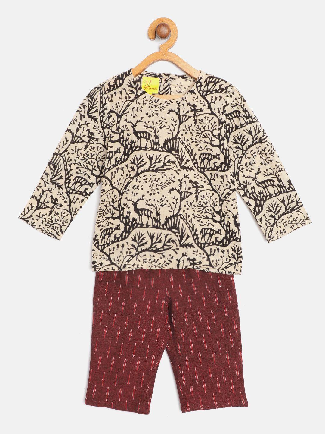 tiny bunnies unisex kids beige & maroon short kurta with trousers