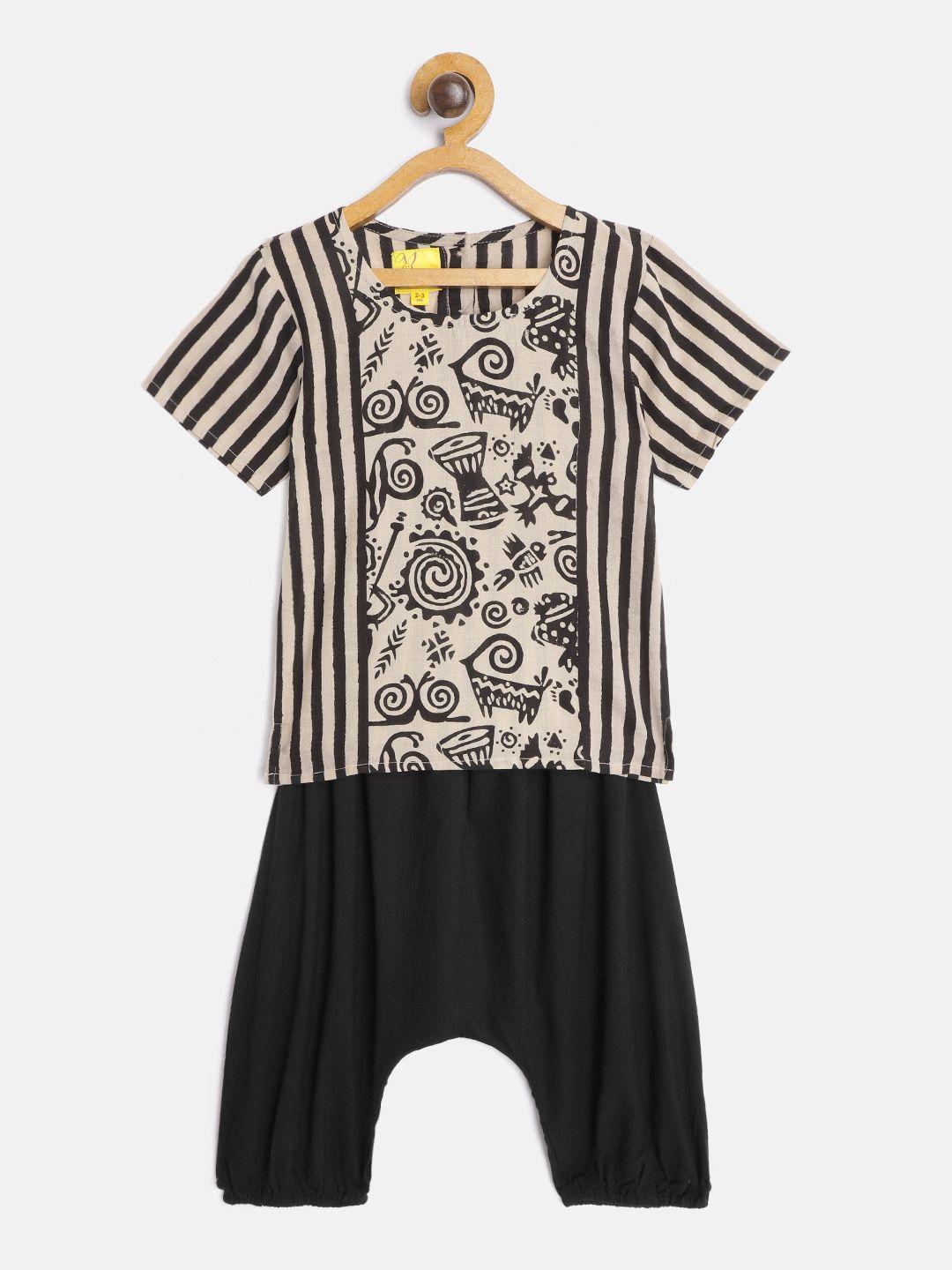 tiny bunnies unisex kids black & beige printed top with pyjamas