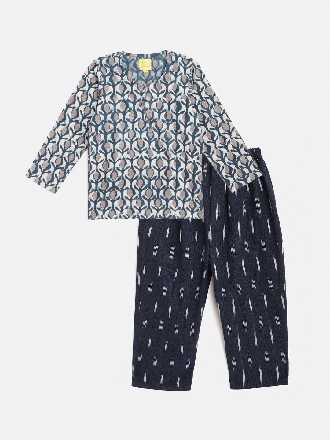 tiny bunnies unisex kids blue & grey printed top with pyjamas