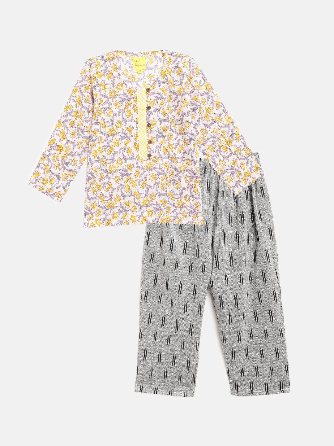 tiny bunnies unisex kids grey & yellow printed top with pyjamas