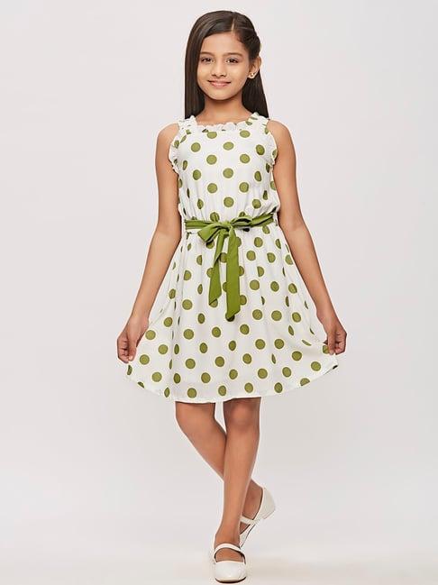 tiny girl white & olive printed midi dress