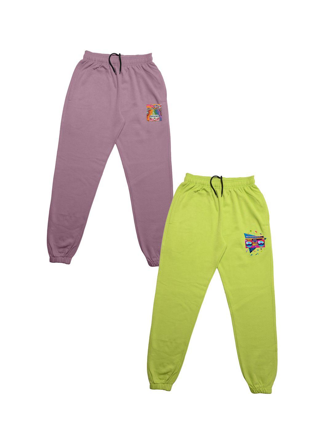 tiny hug boys pack of 2 fluorescent green & purple solid mid-rise joggers