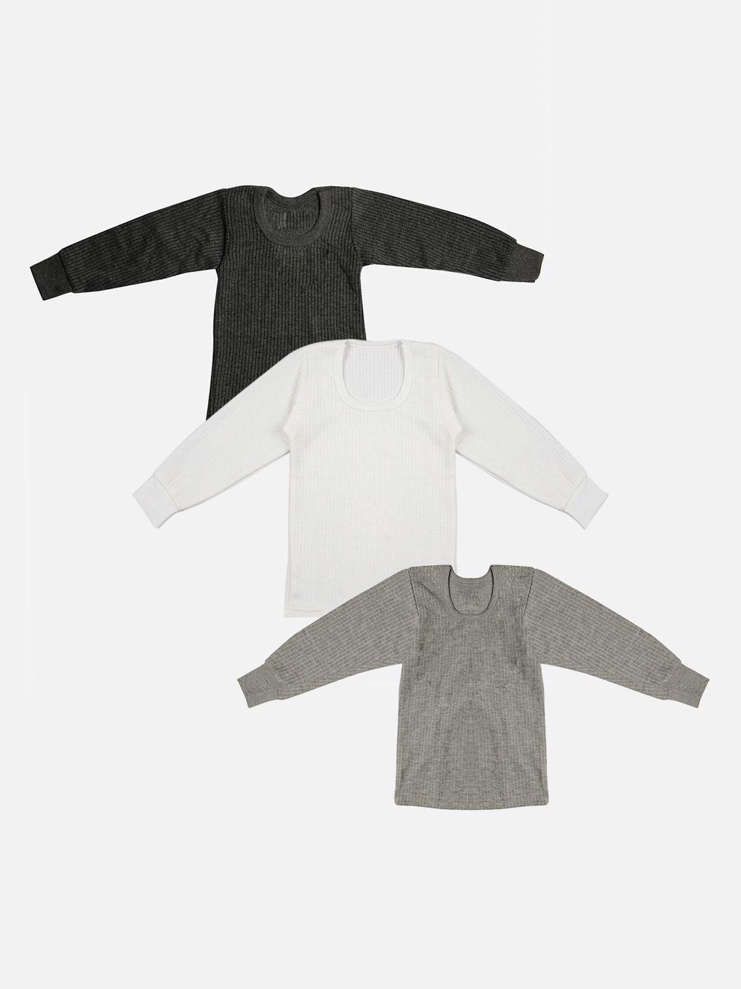 tiny hug boys pack of 3 grey & white solid cotton thermal tops