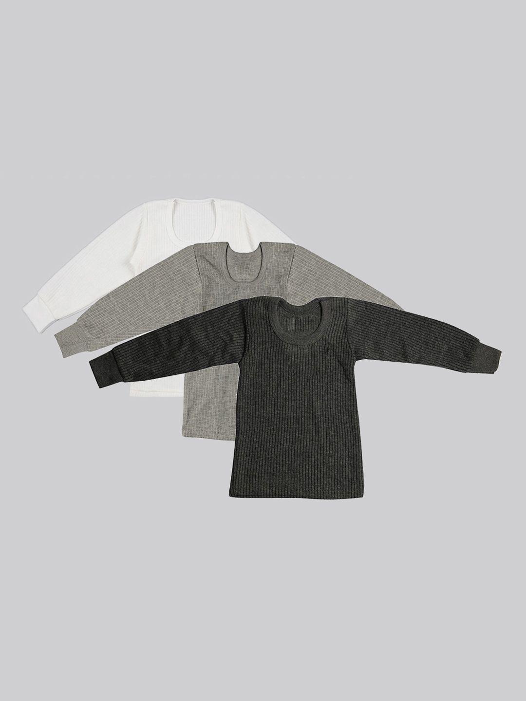 tiny hug boys pack of 3 white & grey & grey melange solid cotton thermal tops