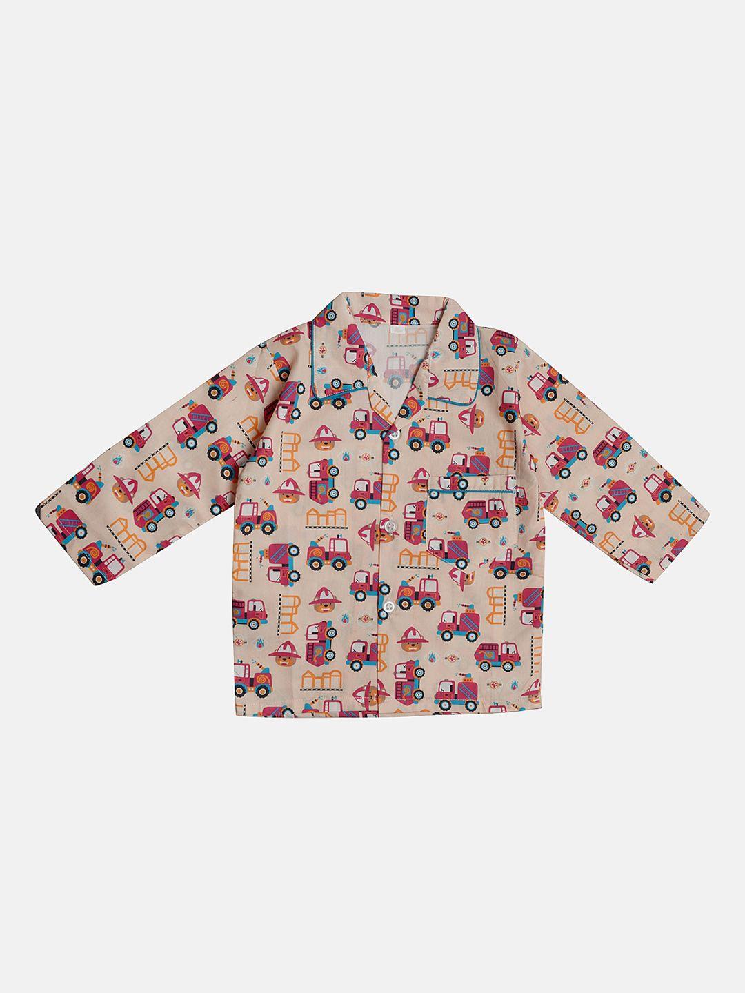 tiny hug boys peach-coloured & fuchsia pure cotton printed night suit