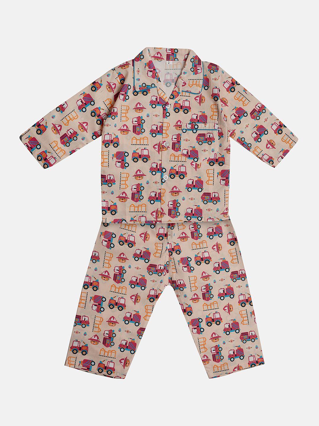 tiny hug boys peach-coloured & yellow printed pure cotton night suit