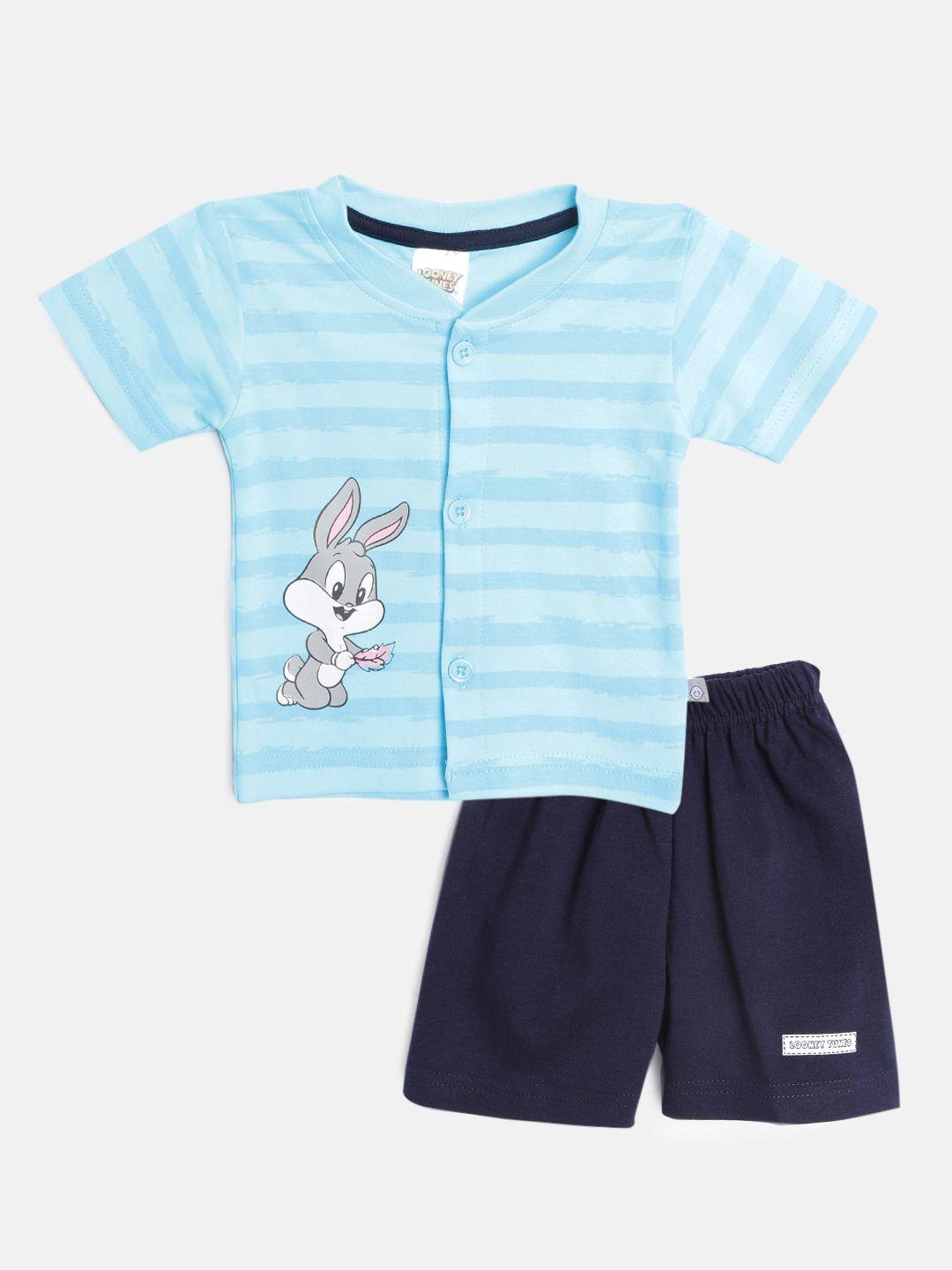 tinyo infant blue & grey striped & bugs bunny print cotton clothing set