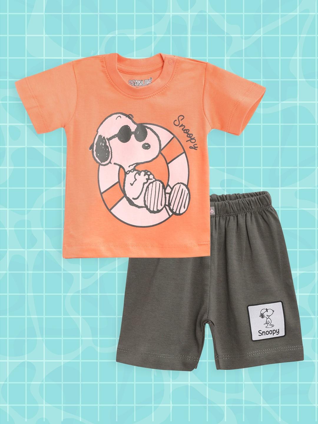 tinyo-infant-boys-coral-orange-&-charcoal-grey-pure-cotton-snoopy-t-shirt-with-shorts