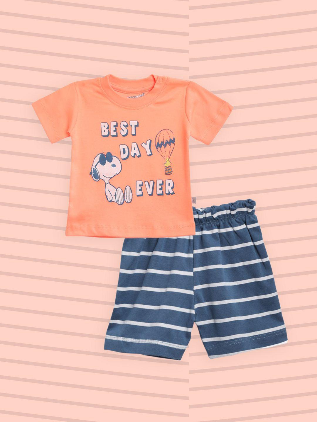 tinyo-infant-boys-coral-orange-&-navy-pure-cotton-snoopy-print-t-shirt-with-striped-shorts