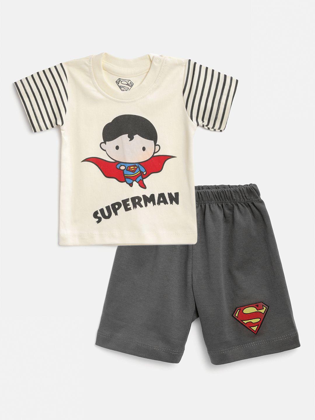 tinyo infant boys cream-coloured & charcoal grey pure cotton superman t-shirt with shorts
