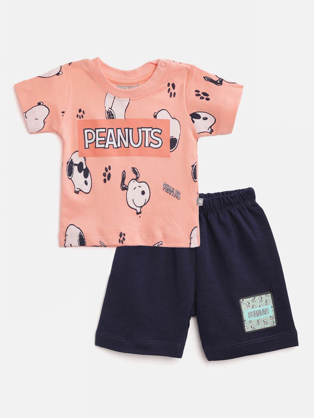 tinyo infant boys peach-coloured & navy pure cotton snoopy print t-shirt with shorts