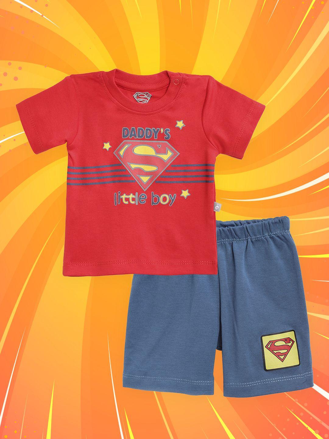 tinyo infant boys red & teal  blue pure cotton superman print t-shirt with shorts