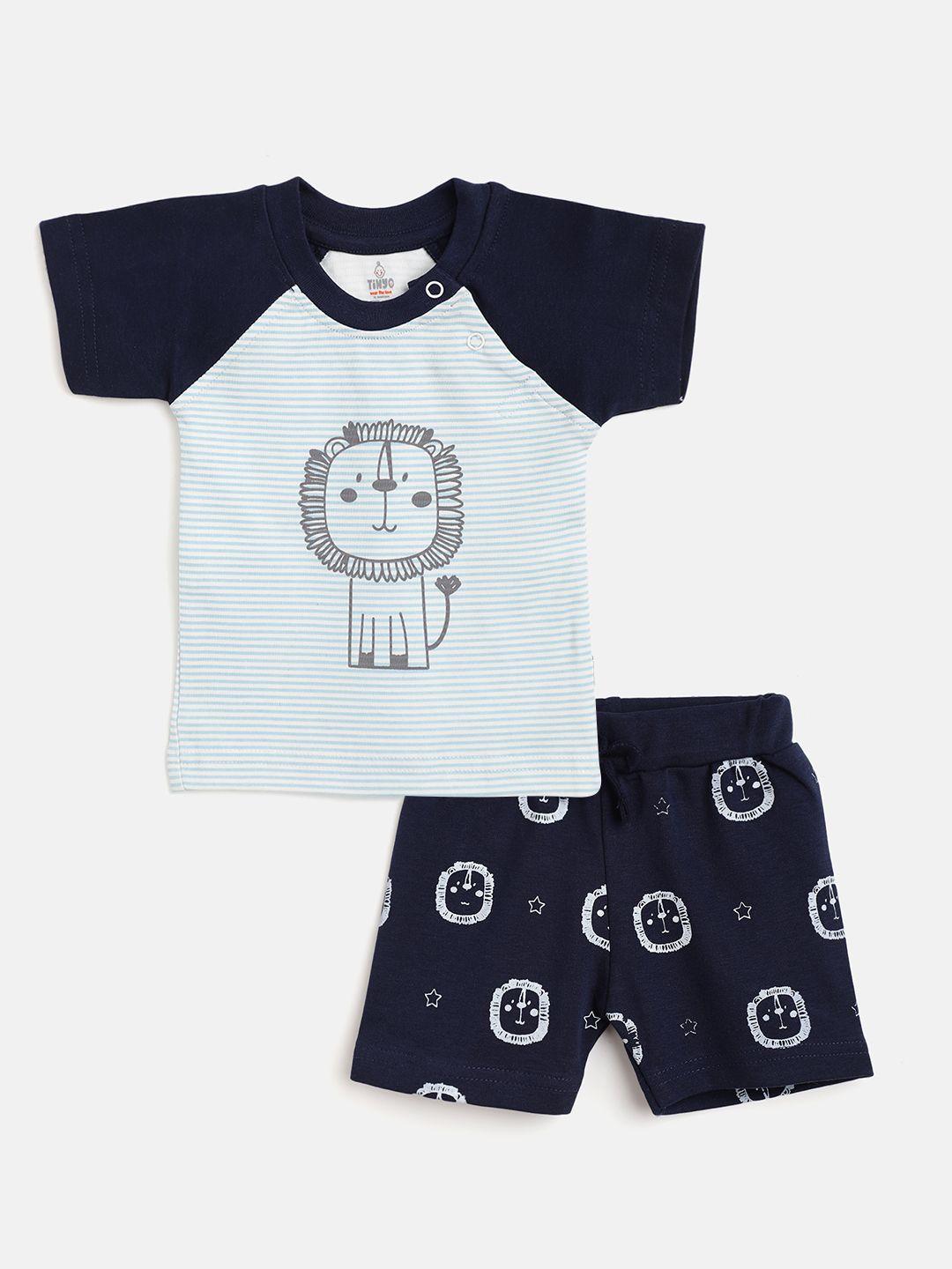 tinyo infant boys white & blue striped & graphic print cotton co-ord set