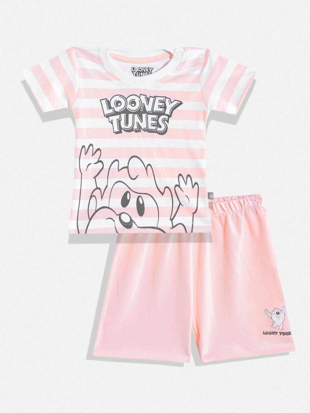 tinyo infant boys white & pink striped cotton t-shirt & shorts with printed detail