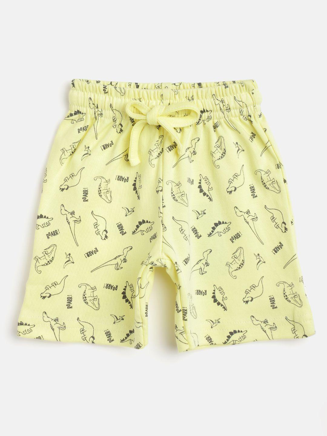 tinyo infant boys yellow & charcoal grey dinosaur printed cotton shorts