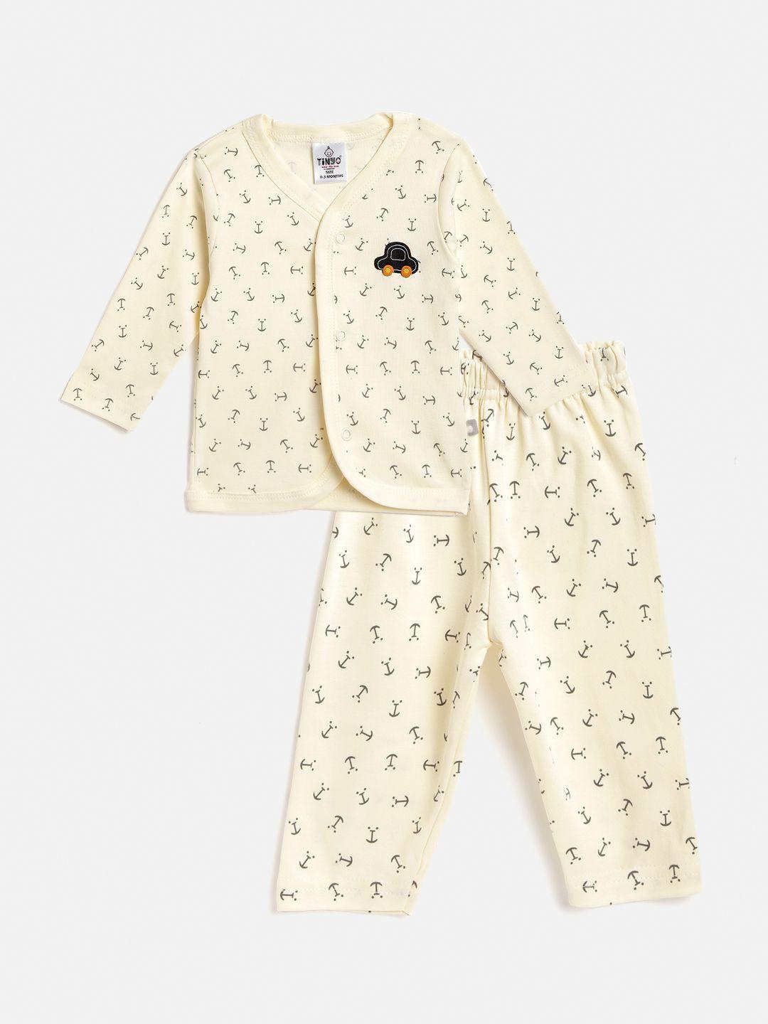 tinyo infant cream-coloured & grey anchor print cotton jhabla with pyjamas