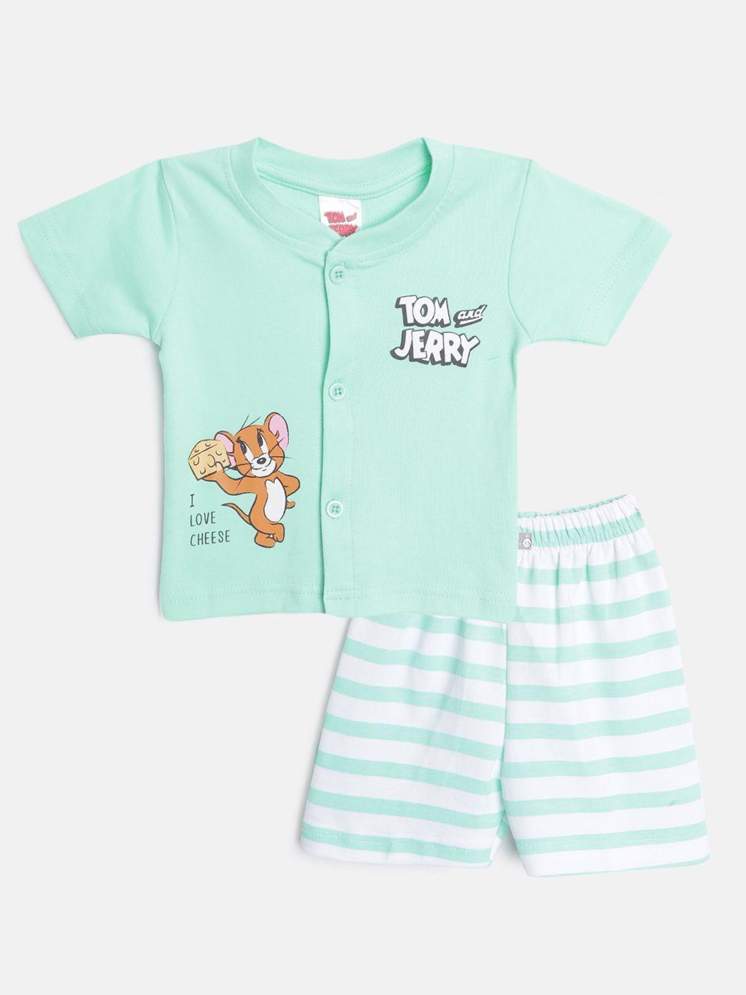 tinyo infant green & white tom & jerry printed cotton clothing set