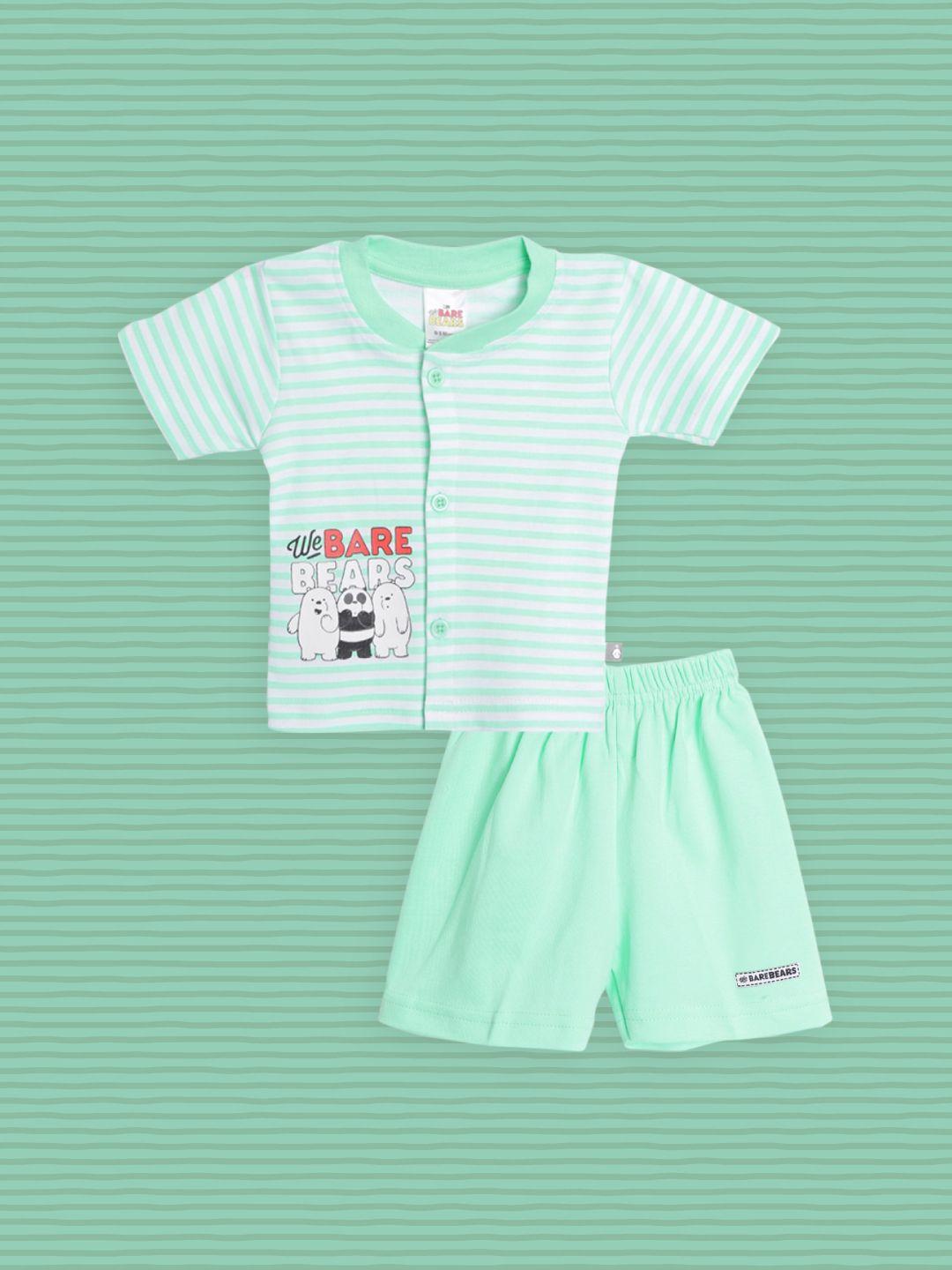 tinyo infant white & green striped & we bare bears print cotton clothing set