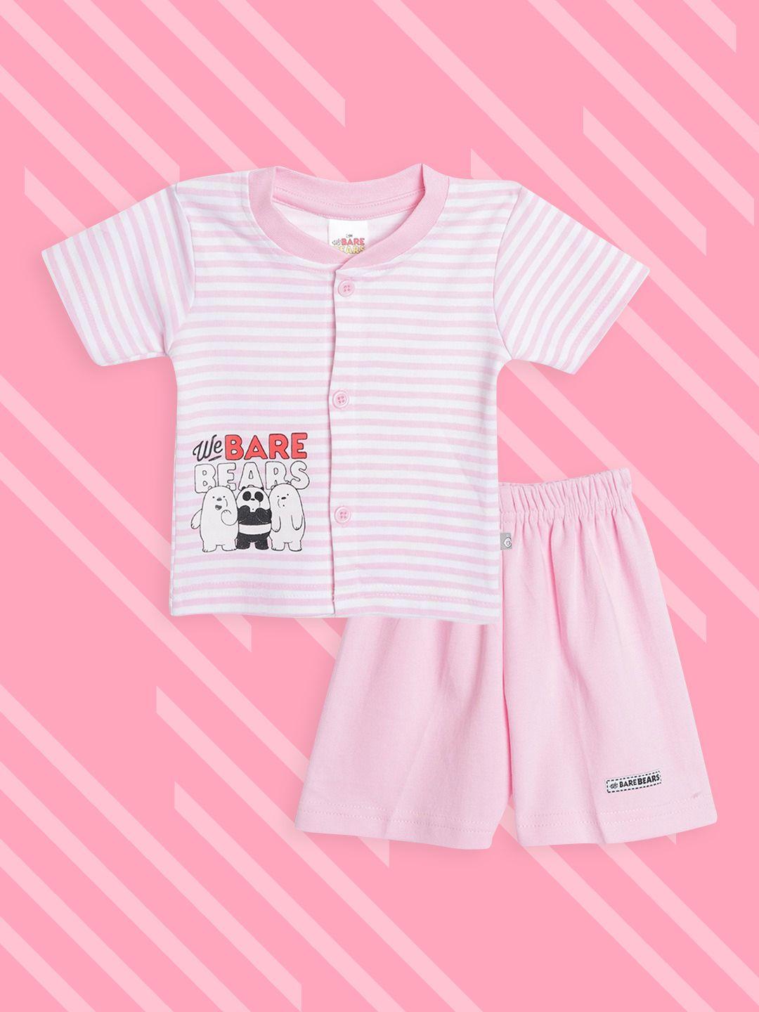 tinyo infant white & pink striped & we bare bears print cotton clothing set