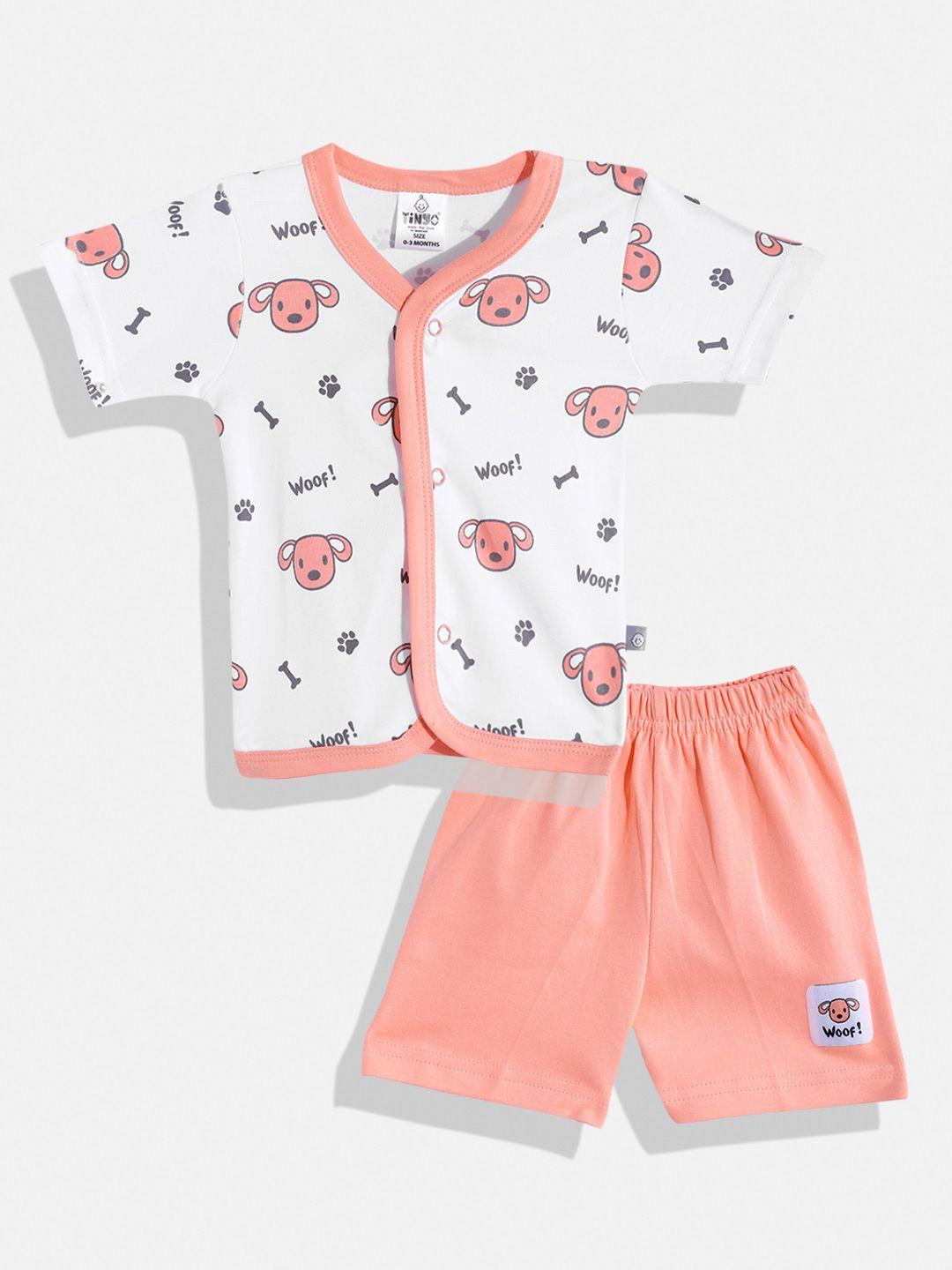 tinyo unisex kids peach-coloured & white cotton conversational print t-shirt with shorts