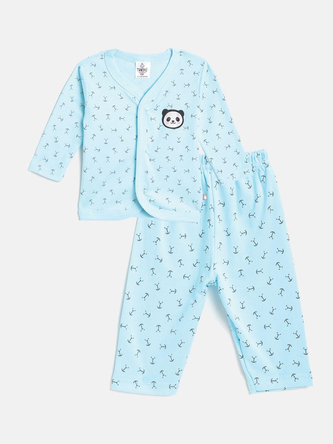 tinyo infant blue & charcoal grey anchor print cotton jhabla with pyjamas