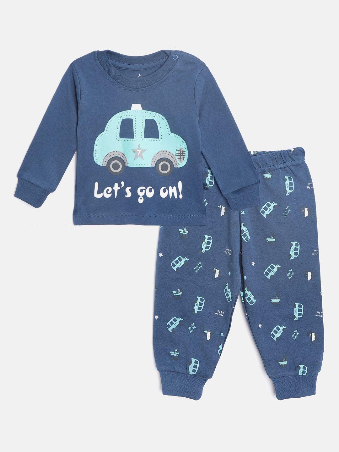 tinyo infant boys blue & white cotton conversational print t-shirt with pyjamas
