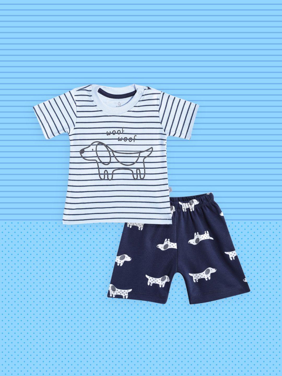 tinyo infant boys blue & white pure cotton striped t-shirt with shorts