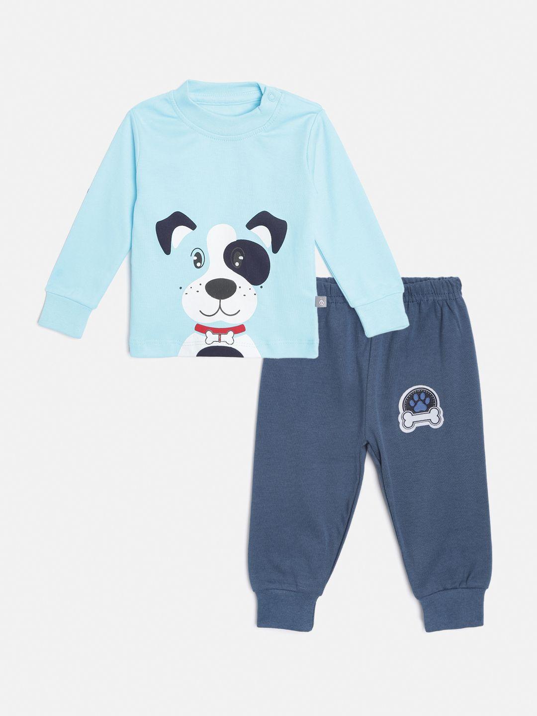 tinyo infant boys blue pure cotton printed t-shirt with pyjamas