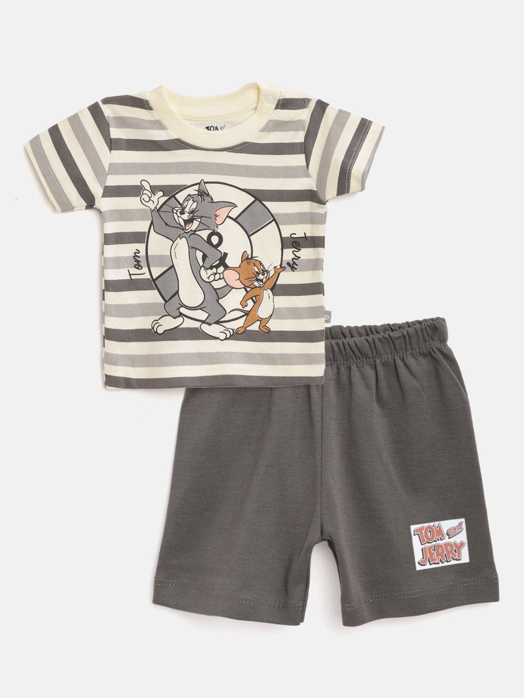 tinyo infant boys charcoal grey & cream-coloured cotton striped tom & jerry tshirt & short