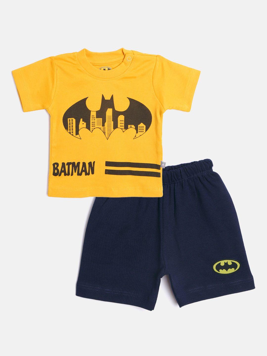 tinyo infant boys mustard yellow & navy blue pure cotton batman print t-shirt with shorts