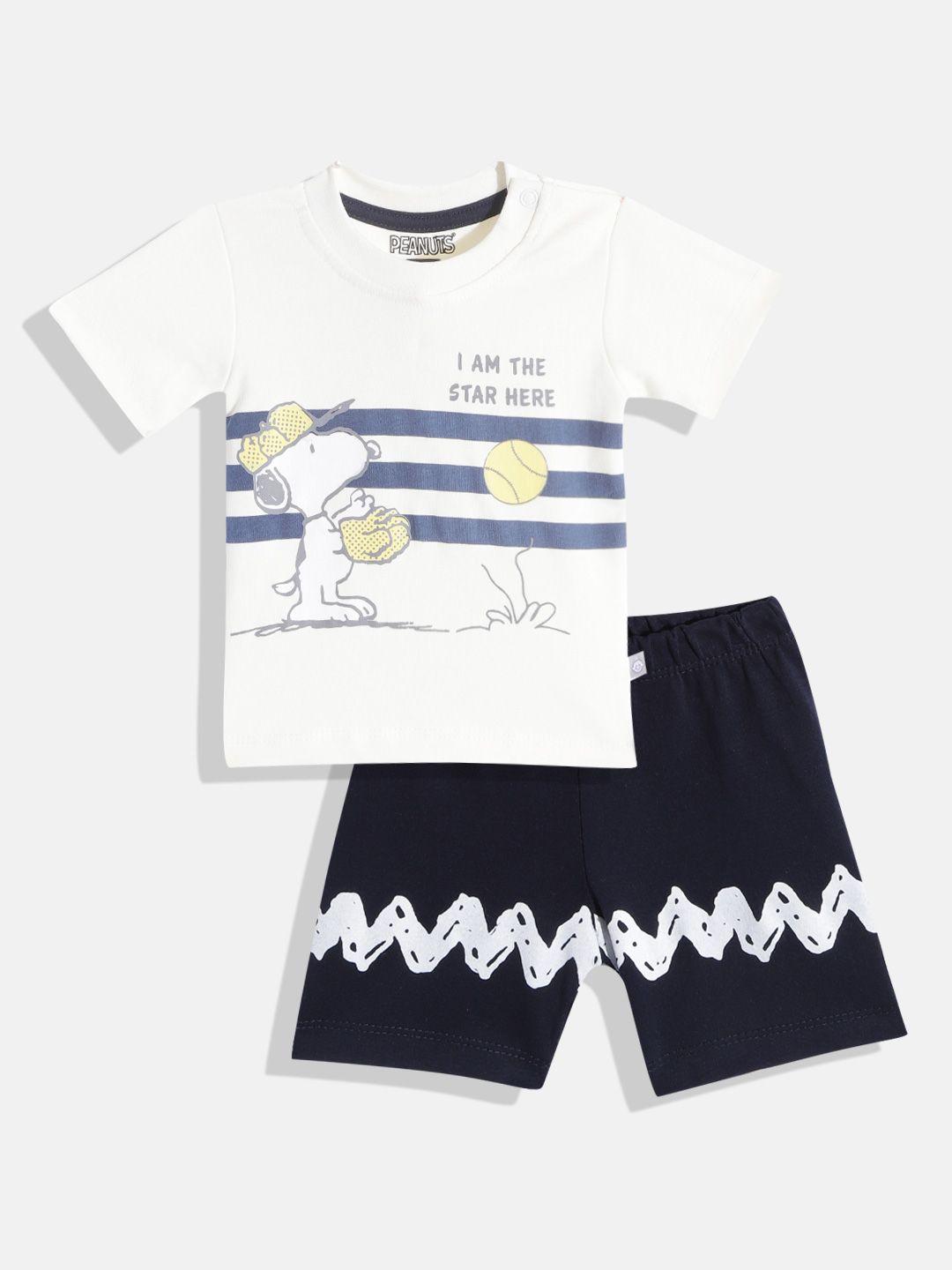 tinyo infant boys off white & navy blue snoopy print cotton clothing set