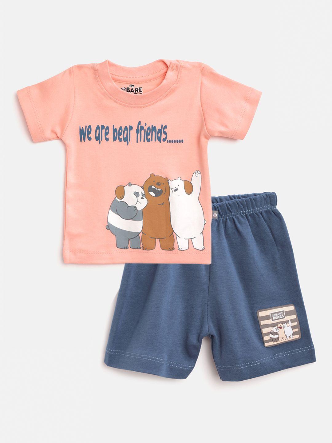 tinyo infant boys peach-coloured & navy blue pure cotton bears print t-shirt with shorts