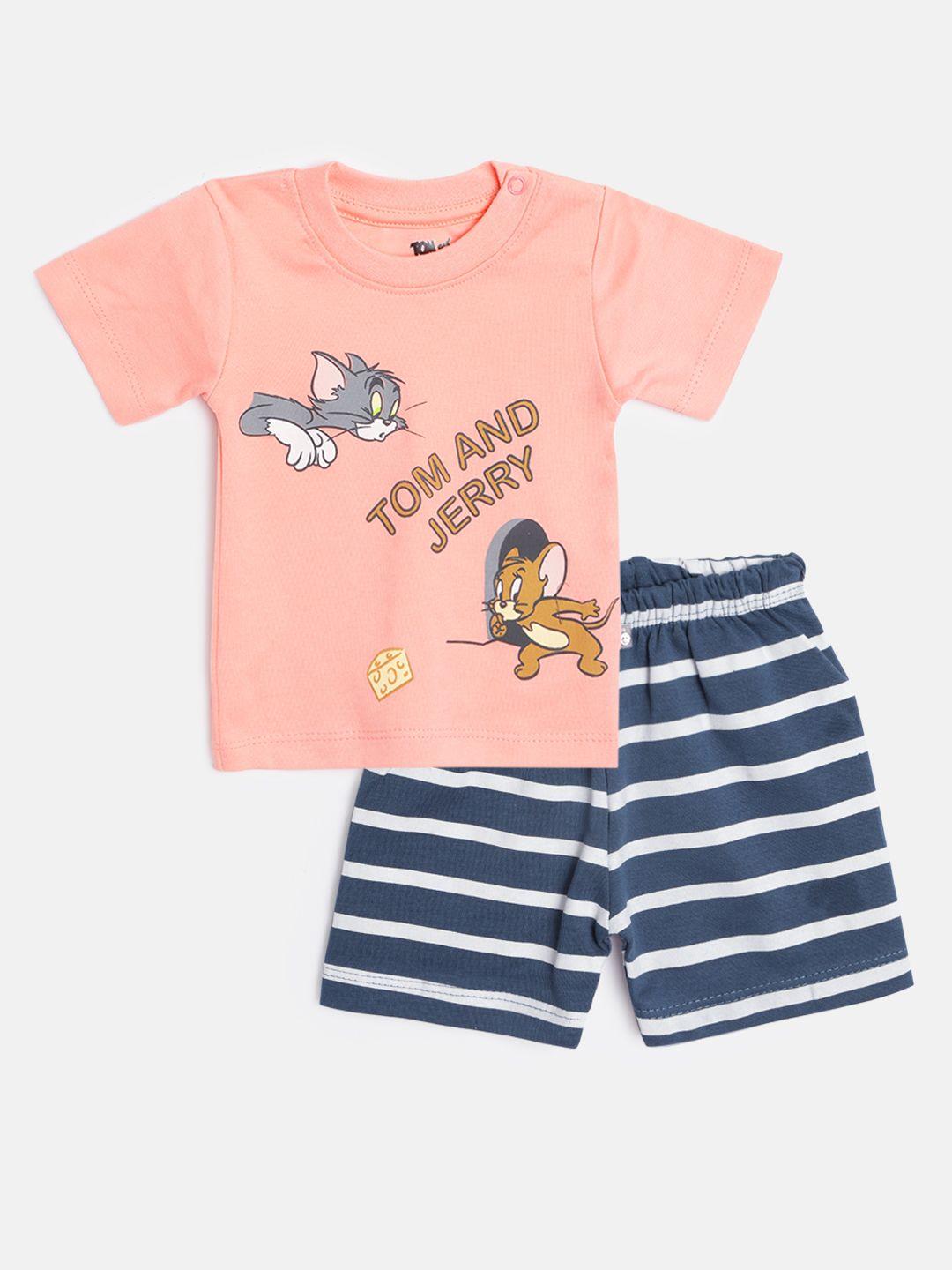 tinyo infant boys peach-coloured & navy pure cotton tom & jerry print t-shirt with shorts