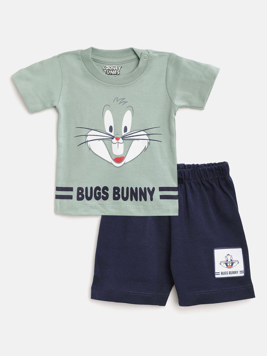 tinyo infant boys sage green & navy pure cotton bugs bunny print t-shirt with shorts