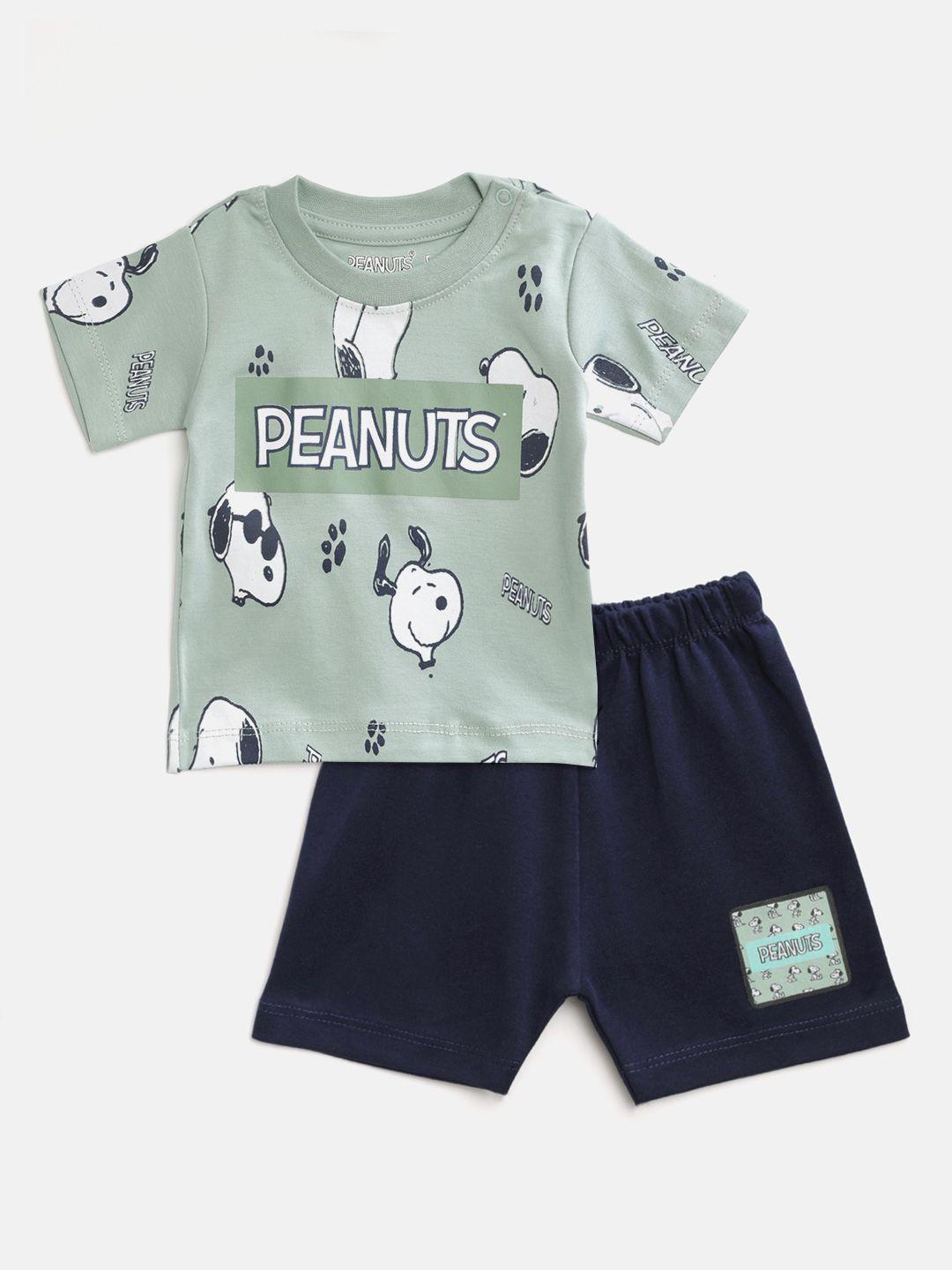 tinyo infant boys sage green & navy pure cotton snoopy print t-shirt with shorts
