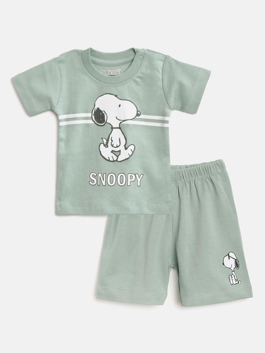 tinyo infant boys sage green & white pure cotton snoopy print t-shirt with shorts
