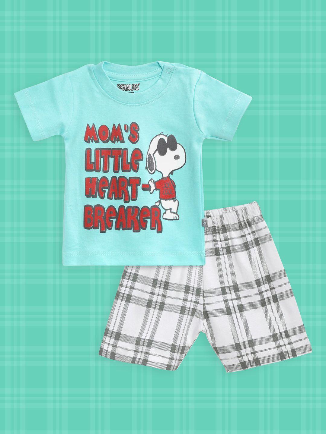 tinyo infant boys turquoise blue & white cotton snoopy print t-shirt with checked shorts