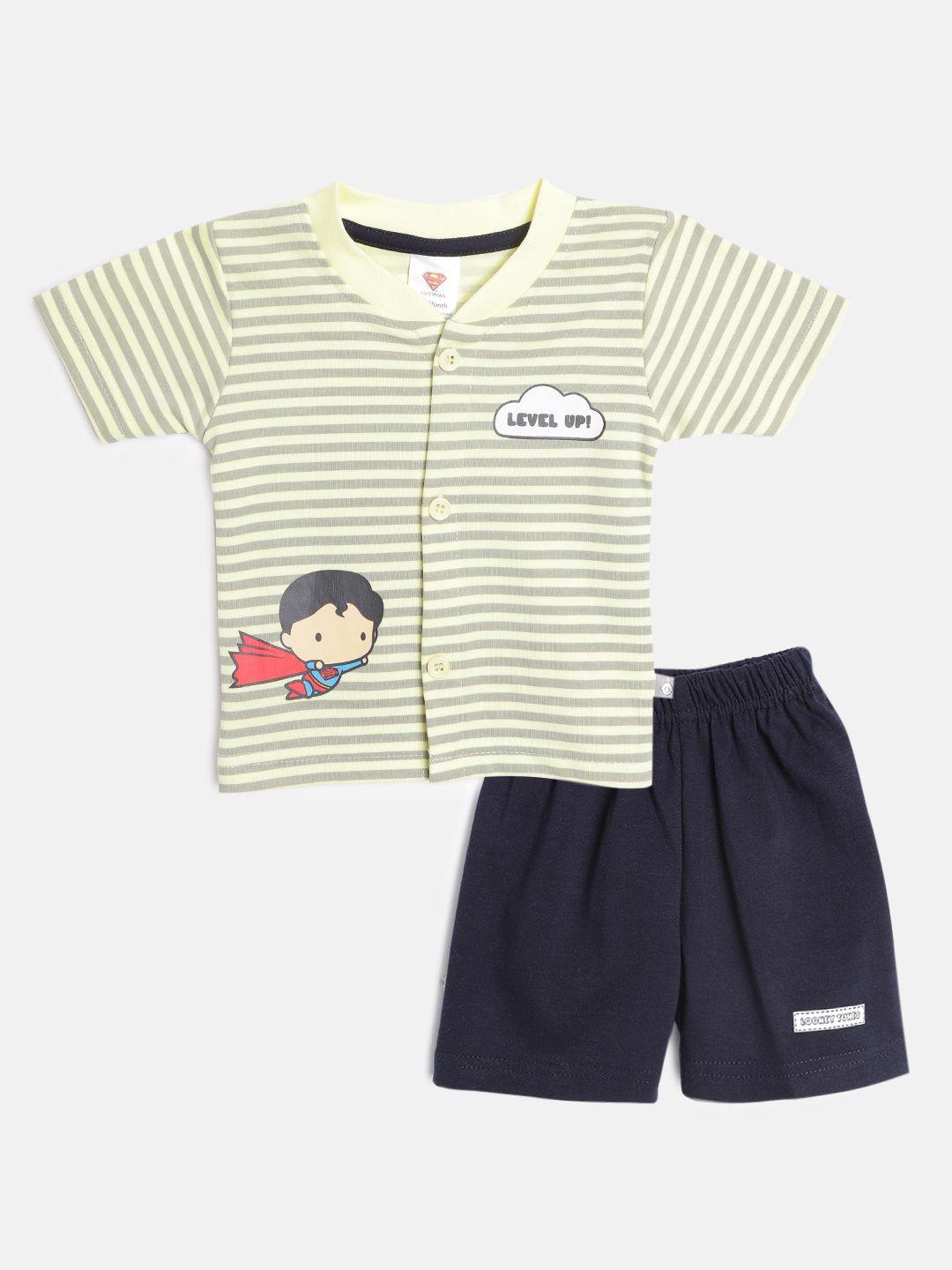 tinyo infant boys yellow & navy blue striped pure cotton jhabla with shorts