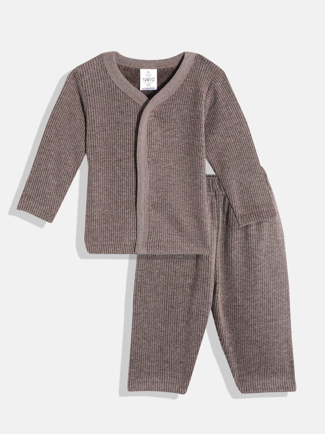 tinyo infant coffee brown self striped melange effect cotton thermal set