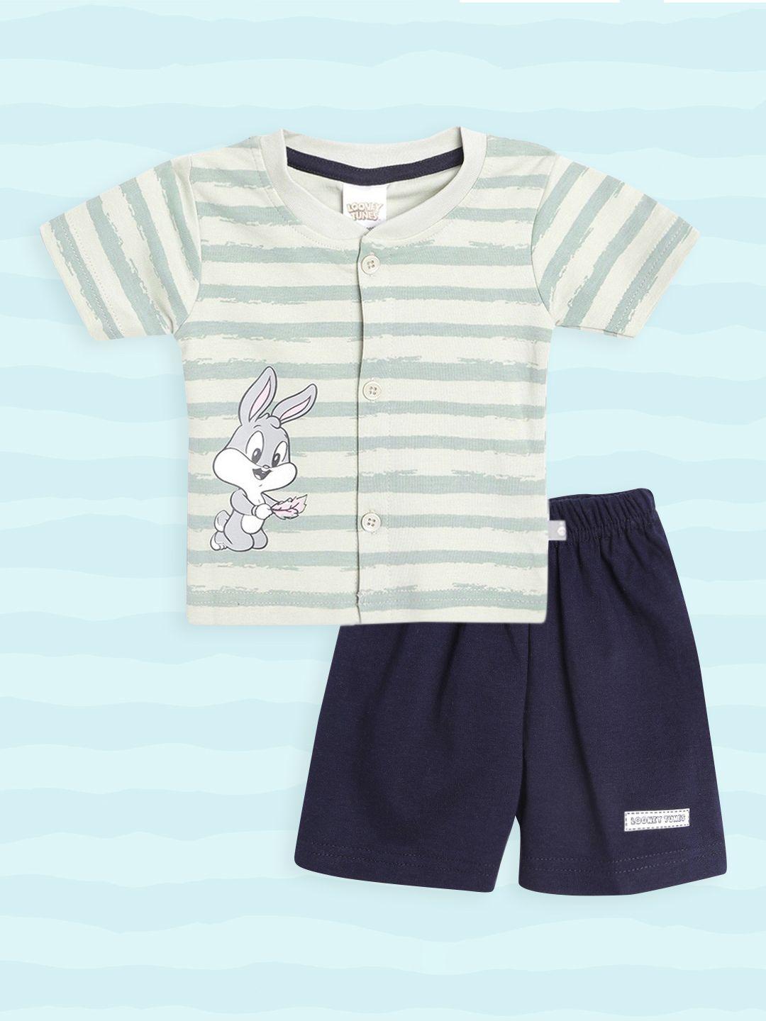 tinyo infant green & navy blue striped & bugs bunny print cotton clothing set